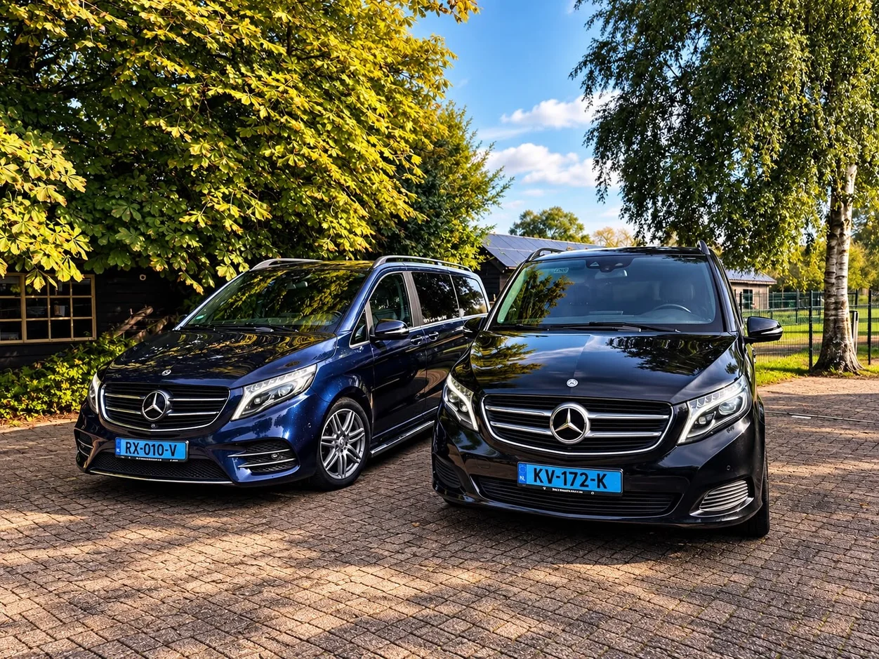 Twee Mercedes-taxibusjes van Taxi IJzendoorn op een zonnig erf